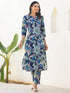 Janasya Women's Navy Blue Pure Cotton Floral Printed Straight Kurta Pant Set